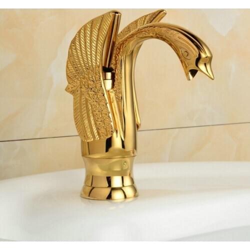 Golden Brass Swan Shape Deck Mounted Single Handle Bathroom Basin Faucet Hot and Cold Water Mixer Taps zgf009