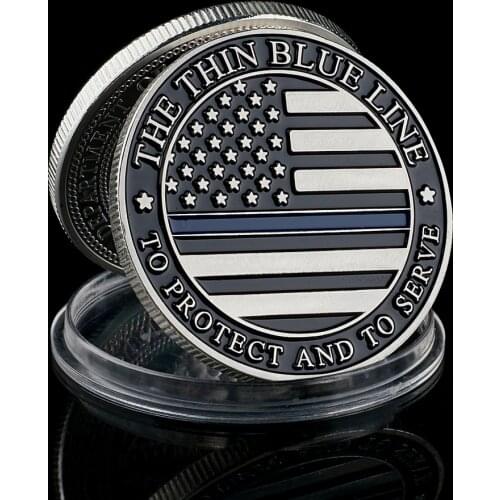 USA The Thin Blue Line To Protect And To Serve US Flag Police Officer Silver Plated Coin Collectible