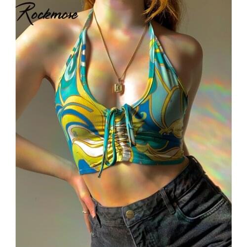 Rockmore Printed Drawstring Crop Top 90s Vintage Halter Tank Top y2k Aesthetic Ruched Tie Up Camis Vest Women Beach Party Summer