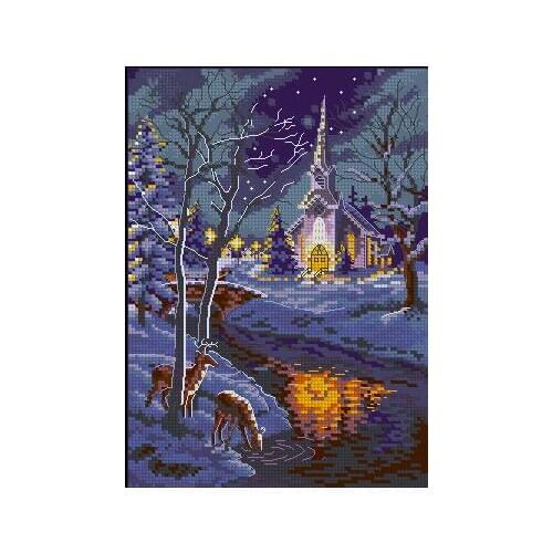 Top Quality Beautiful Lovely Counted Cross Stitch Kit Peaceful Night Two Deer Drink in River Castle Town Village dim 08677
