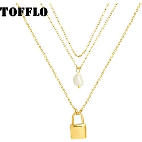 TOFFLO Stainless Steel Jewelry Lock Head Imitates Baroque Pearl Multi-Layer Lapped Necklace Fashion Womens Chain BSP755