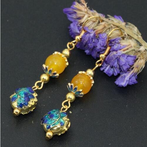 Bohemia style gold-color elegant cloisonne yellow jades drop earrings long dangle earrings for women romantic gift jewelry B2621