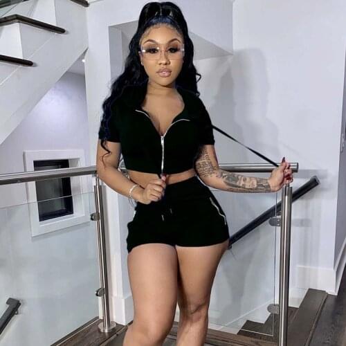 Women Sport Suit Tracksuit Female Two Piece Set Summer Short Sleeve Hoodies Zipper Crop Top Shorts Jogging Outfits Matching Sets