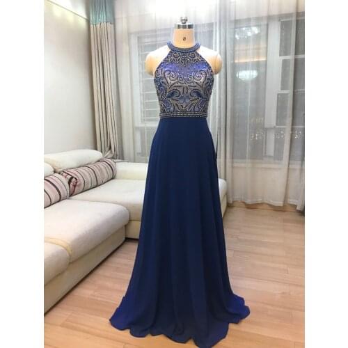 Stock Clean Royal Blue Beaded Crystal Prom Dresses Long Vestidos De Fiesta Largos Elegantes De Gala A Line Imported Party Dress