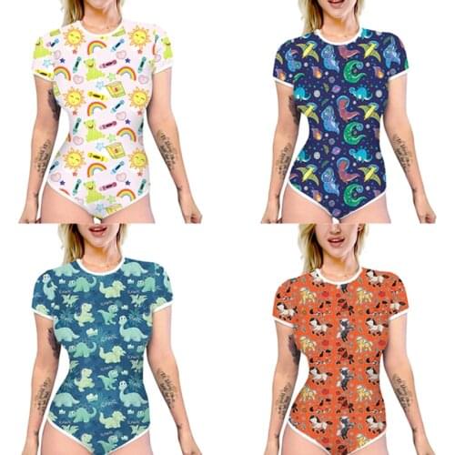 Women Fahsion Cartoon Pattern Bodysuit Sexy Slim Romper Short Sleeve Round Neck High Waist Jumpsuit Casual One-Piece
