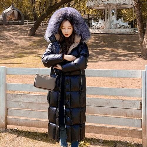 Winter Black Bright Face Down Jacket Women Hooded Fur Collar Long Length Thickened Woman Parkas Loose White Duck Down Outerwear