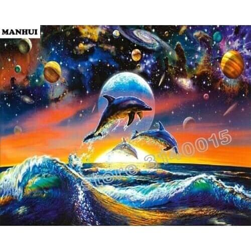 5D Diamond Painting Cross Stitch Jumping dolphins Diamond Mosaic Square Full Drill Resin Pattern Rhinestones ABC263