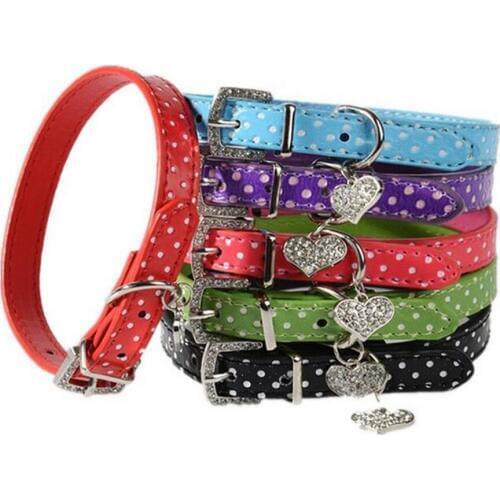 Free Shipping Heart Rhinestone Bling Dog Collars Dots Leather Pet Collars Neck Buckle Strap Crystal Collar for Pets Dog