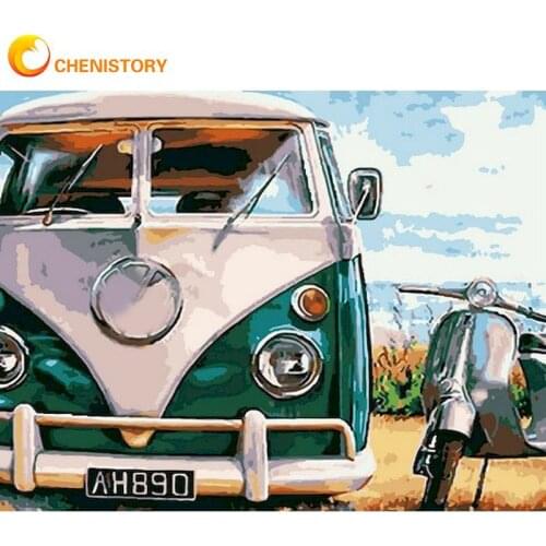 CHENISTORY 40x50cm Frame Painting By Numbers Kits For Adults Green Bus Landscape Picture By Number Hand Painted Home Decor