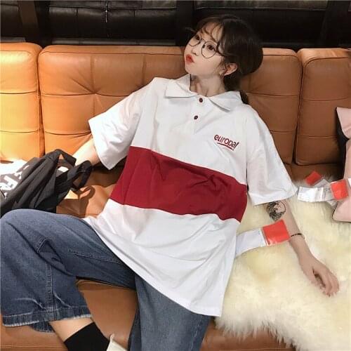 Preppy Clothes Color-Blocking Striped T-Shirt For Girls Unisex Top Harajuku Gothic Oversize Couple Tee Kpop Sweet Summer Dress