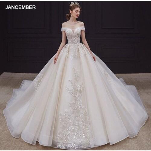 HLF04 Wedding Dress Off Shoulder Lace Applique Princess Ball Gown Long Train Vestidos De Noiva Curto Abiti Da Sposa