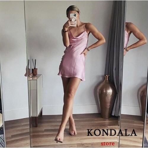 KONDALA Women Sexy Pink Dress Za Fashion 2021 Summer Mini Dress Sleeveless Lined Silk Satin Texture Party Dress Female Vestidos