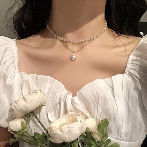 Sweet Double-layer Pearl Alloy Necklace Simple Pearl Drop Clavicle Pearl Alloy Chain Female Simple Light Luxury Design