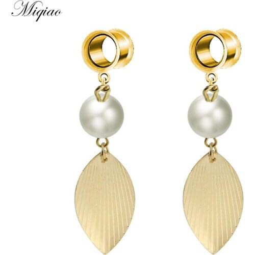 Miqiao 2pcs Explosive New Product Stainless Steel Handmade Golden Leaf Pearl Earrings Body Exquisite Piercing Jewelry