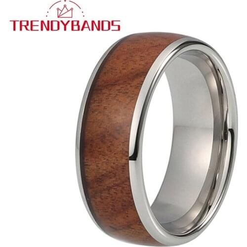 8MM Couples Fashion Jewelry Tungsten Carbide Rings Wedding Band Wood Inlay Domed Polished Shiny Comfort FIt