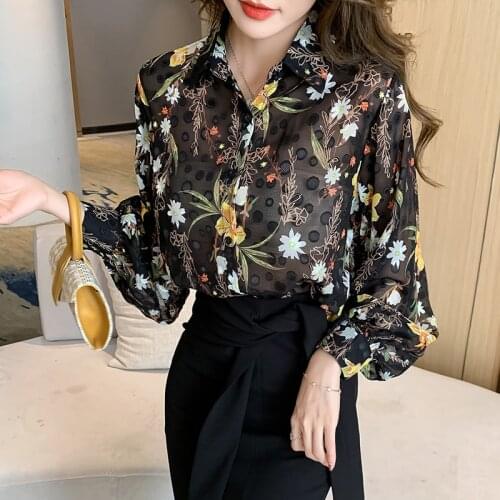 Fashion floral print ladies shirts Womens chiffon Blouses 2021 Spring Autumn lantern Sleeve Shirts Tops Blusas Mujer