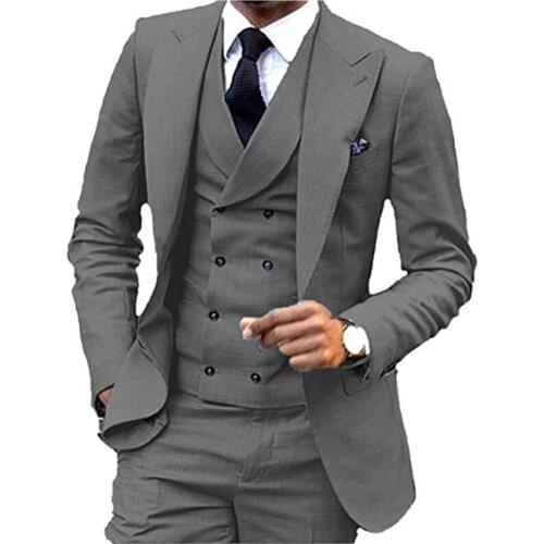 New Costume Homme Grey Peak Lapel Double Breast Vest Men Suit Slim Fit Business Formal Groom Wear 3 Pieces Terno Blazer