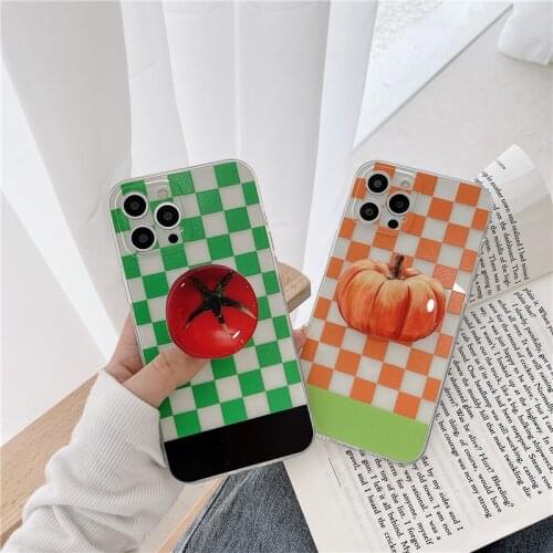 Cute Lattice Tomato Bracket Phone Case For iPhone 12 Pro 11 XS MAX XR X 7 8Plus SE20 Lovely Full Protect Soft Cover Stand Coque
