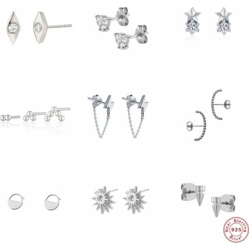 GS 925 Sterling Silver Tiny Stud Earrings Zircon Snake Lightning Moon Star Butterfly Geometric Ear Studs Piercing Jewelry Gift