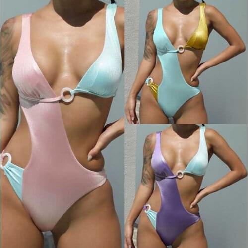 Sexy Women Swimsuit, Adults Shiny Hollow Out Color Block Swimwear with Chest Pad, 2021 Summer
