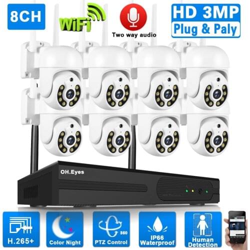 H.265 Wifi CCTV Camera Security System Kit PTZ 3MP 8CH Wireless NVR Kit 2 Way Audio Outdoor IP Camera Video Surveillance System