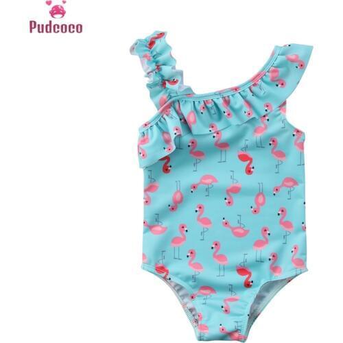 2-7T 2020 One Piece Baby Girls Swimwear Ruffle Flamingo Print Girl Swimsuit Blue Swan One Shoulder Swimming Suit For Kid Girls