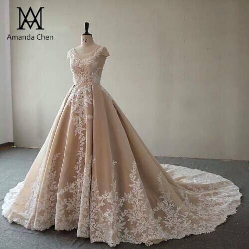 Robe de mariee 2020 Lace Appliques Champagne Backless Wedding Dress