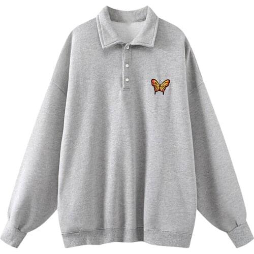 Oversize Girls Soft Cotton Vintage Sweatshirts 2021 Office Ladies Fleece Pullovers High Street Women Embroidered Lapel Outerwear