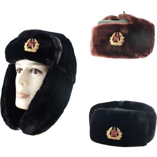 Soviet Army Military Badge Russia Ushanka Warm Hats Men Caps Rabbit Winter Thick Fur Hats Faux Women Warm Outdoor Earflap E9H6