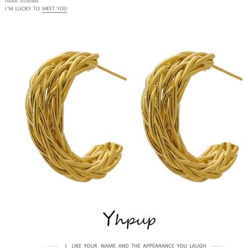 Yhpup New Design Metal Twist Braid Stud Earrings Simple Gold Color Texture Copper Earrings Accessories сережки необычные 2021