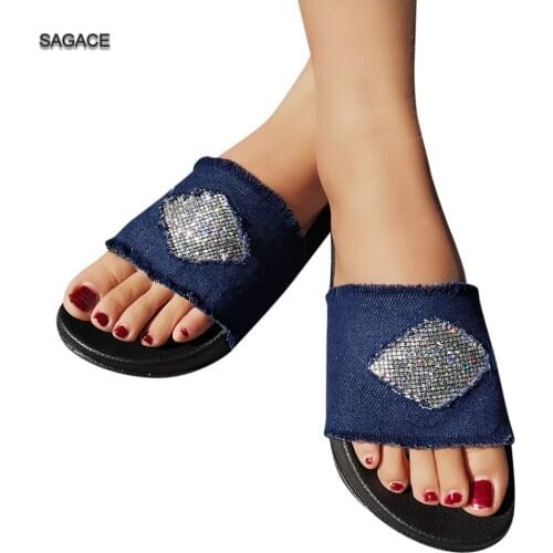 SAGACE Womens Ladies Fashion Casual Denim Crystal Open Toe Outdoor Slippers Beach Shoes Fashion Female Slides Summer Shoes