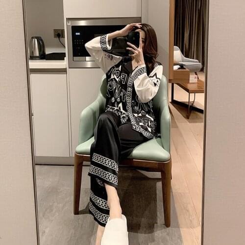 Womens Pajamas Ice Silk Nightgown Black With Trousers Letter Large Size Sleepwear Two Piece Sets Spring Summer Home Clothes