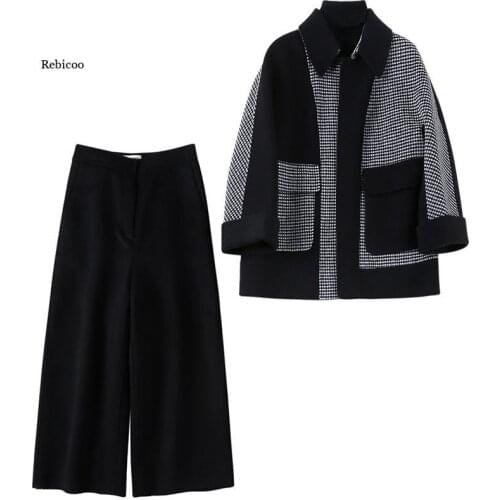 Womens Woolen Two-Piece Sets Plaid Jacket + Wide Leg Pants Suits Female Warm Loose Fashion New Winter