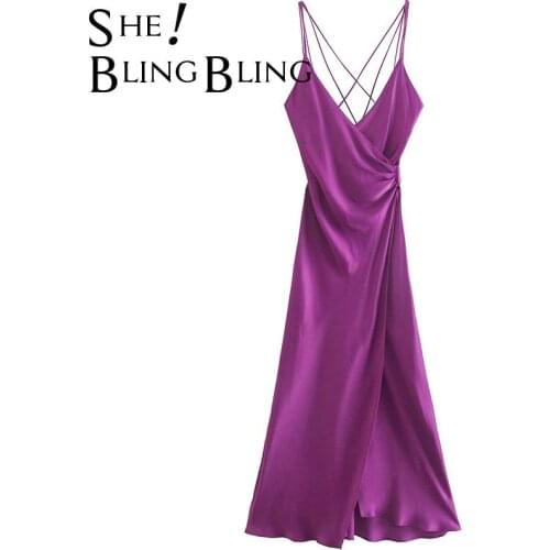 SheBlingBling Za 2021 Woman Summer Satin Party Dress Sleeveless Backless Strappy Ruched Draped Wrap High Waist Midi Traf Dresses