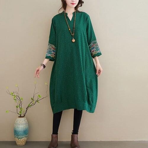 Women Cotton Linen Casual Dresses New 2020 Autumn Vintage Style Embroidery V-neck Loose Comfortable Female Long Dresses S1634