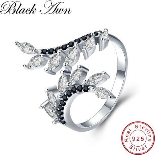 BLACK AWN Real 925 Sterling Silver Ring Black Spinel Flower Open Finger Rings for Women Sterling Silver Jewelry G029