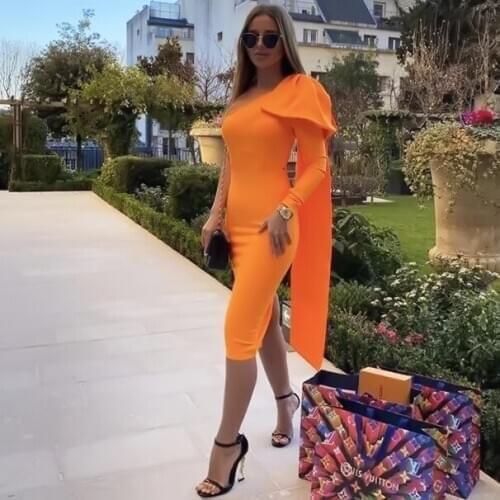 Halinfer 2020 Blue Orange Runway Bownot One Long Sleeve Rayon Bandage Dress Cocktail Party Bodycon Dress Vestidos