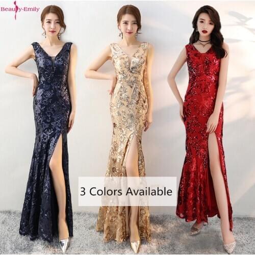 Beauty Emily Sexy V Neck Sequined Mermaid Evening Dress Long Charming Tank Sleeveless Formal Dress with High Side Split 3 Colors