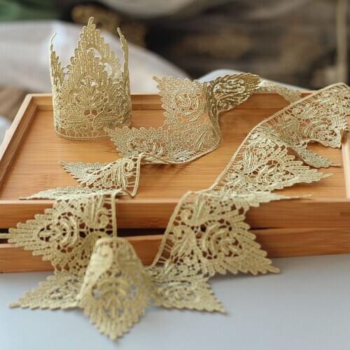 Gold lace water soluble embroidery crown flower lace trim fabric islamic headscarf hair accessories 1yards