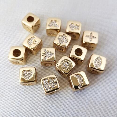 10Pcs Gold Color Cube Bead Clear CZ Micro Pave Heart/Moon/Eye/Star Large Hole Spacer Beads For necklace bracelet Jewelry Finding