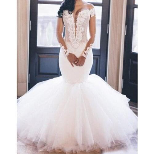 2020 Elegant Lace Mermaid Wedding Dresses Long Sleeves Sexy Lace Bridal Gowns Boning BodicAfrican Vestido De Noiva