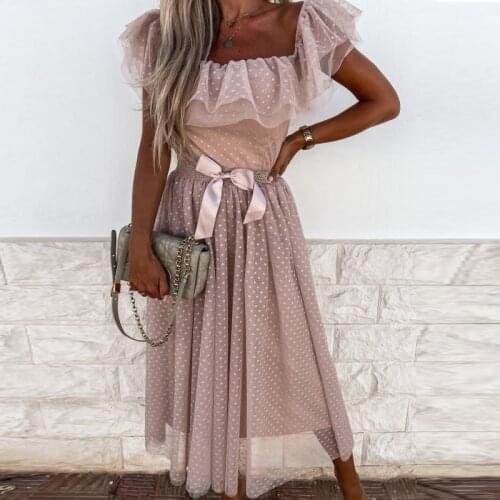 2021 Fashion Women Bowknot Party Dress Elegant Sheer Polka Dot Mesh Lace Holiday Dress Sexy Off Shoulder Ruffle Beach Long Dress