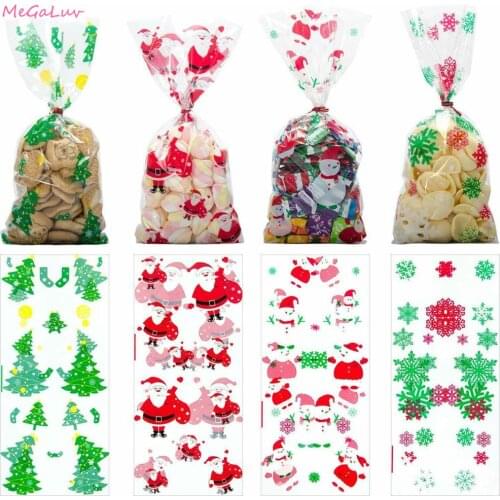 50pcs/set 2020 New Year Gift Bags 11x5inch Clear Candy Bags Snowman Pattern Cookies Sweetie Bags Festival Party Supplies