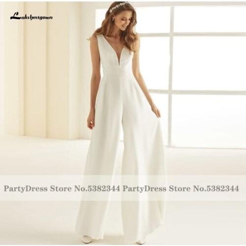 Lakshmigown Robe Satin Wedding Jumpsuit Plunging V-neck Modest Bridal Receipt Wedding Gowns Backless Vestidos 2021 New Designer