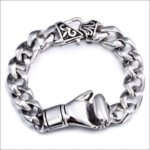 8.66''*13mm New Smooth Polished Silver color Stainless Steel Biker Jewelry Curb Cuban Chain Mens Bracelet Bangle Boxing Gloves