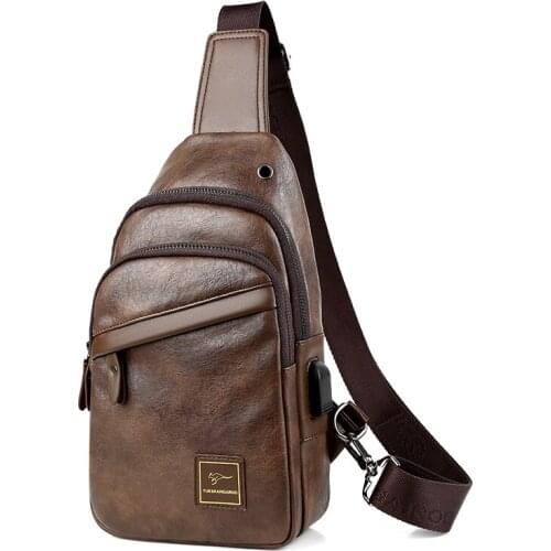 Brand Mens Chest Bag Waterproof Leather Travel Hiking Crossbody Bag Usb Charging Male Sling Chest Pack Zipper Phone Pouch