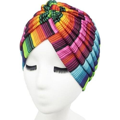 Color Stripe Stretch Turban Ruffle Hair Hats Beanie Bandanas Scarf Head Wrap Headwear for Women 92