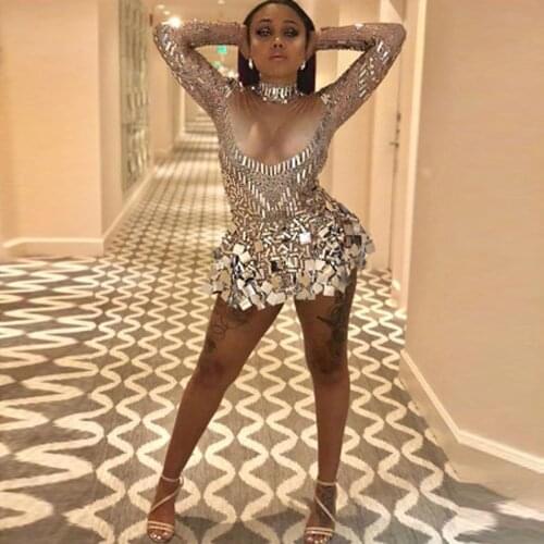 Sell Well Dresses 2020 Long Sleeve Sparkly Sequins Mirrors Night Club Plus Size Female Singer Dancer Bright Bodysuit Costume