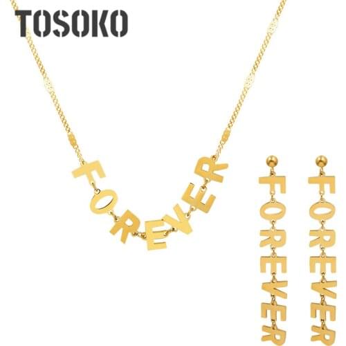 TOSOKO Stainless Steel Jewelry Personalized Letter Earrings Necklace Set Womens Fashion Hip Hop Letter Earrings BSP1085-BSF476