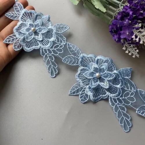 10x Lace Pearl Trim Blue Ribbon 3D Floral Beaded Flower Embroidered Applique Patches Dress Fabric Sewing Craft Vintage 10cm New